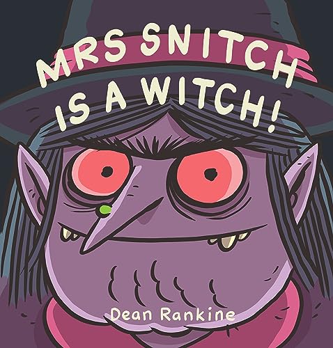 Cartoon illustration of a purple-skinned witch with red eyes and a pointed nose.