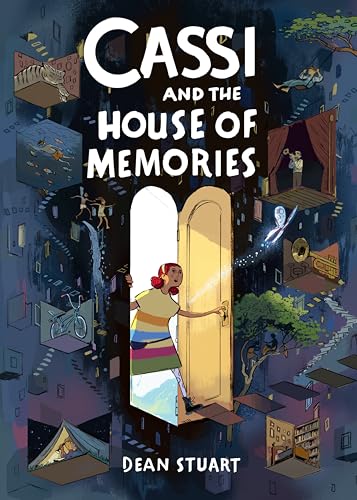 A girl in a striped dress opens a glowing door surrounded by floating memory scenes.
