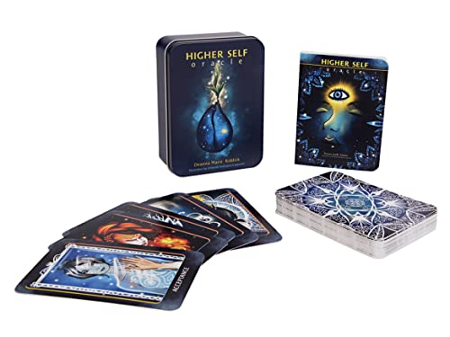 Oracle card deck in a tin, with illustrated cards showing celestial imagery.
