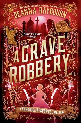 Book cover: “A Grave Robbery” with a cemetery, ornate gold details, and a woman.