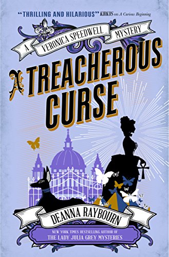 Book cover: “A Treacherous Curse” with silhouettes, butterflies, and a dog.