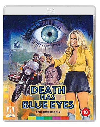 Blu-ray cover for “Death Has Blue Eyes” featuring a large eye and figures.