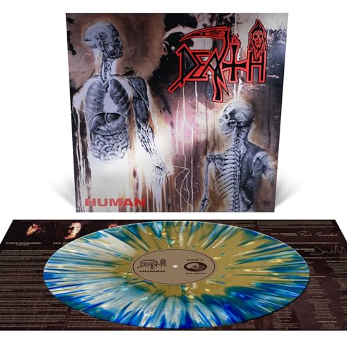 Death's "Human" vinyl record with anatomical illustration and colorful swirl pattern.