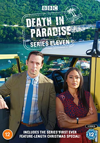 DVD cover for Death in Paradise Series 11 featuring two actors before a jeep.
