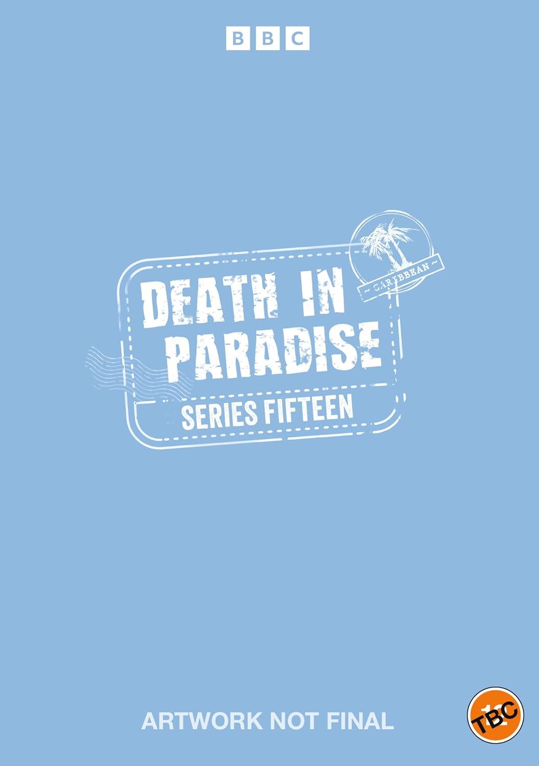 Death in Paradise Series Fifteen DVD cover art on a light blue background.