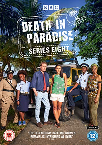 DVD cover for Death in Paradise Series Eight featuring the main cast and jeep.