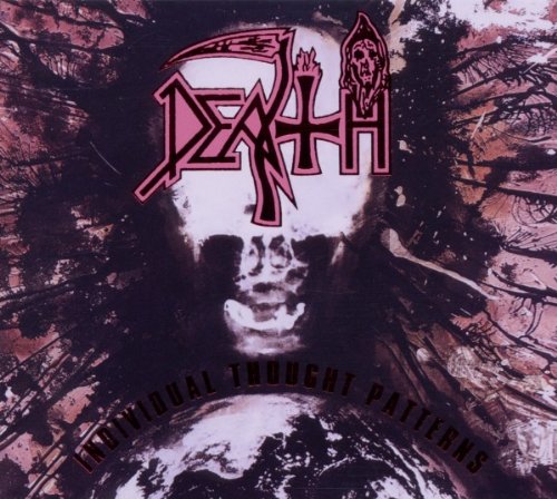 Death album cover with skull and red logo on abstract background.
