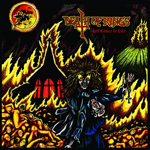 Album cover: fiery hellscape with a demonic figure and gothic church.