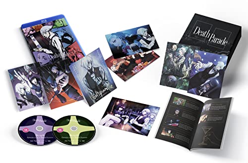 Death Parade" Blu-ray set with case, discs, and art cards displayed.