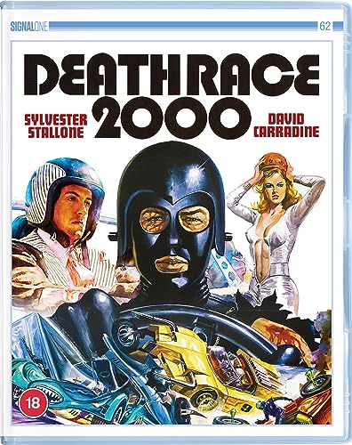 Death Race 2000" Blu-ray cover with Sylvester Stallone, David Carradine, and racing imagery.