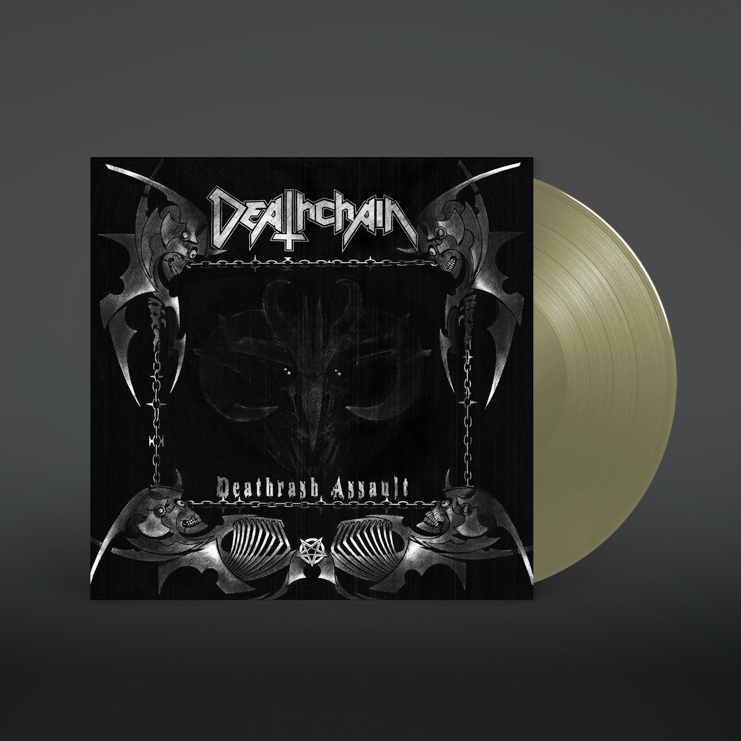 Deathchain “Deathrash Assault” vinyl record cover and pale yellow disc.