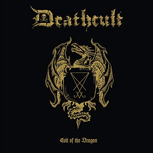 Gold dragon emblem with a sigil on a black background with Deathcult text.
