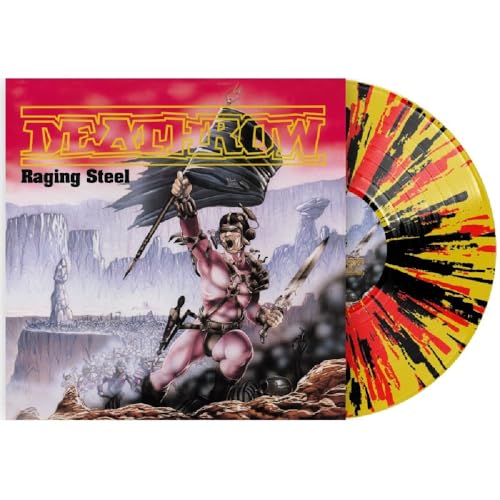 Deathrow "Raging Steel" splatter vinyl record with warrior album art.