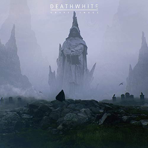 Foggy landscape with a cloaked figure and stone monuments.