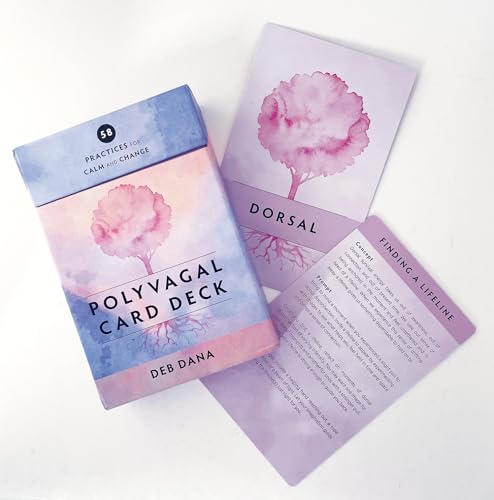 Polyvagal card deck box with two sample cards featuring watercolor tree illustrations on white.