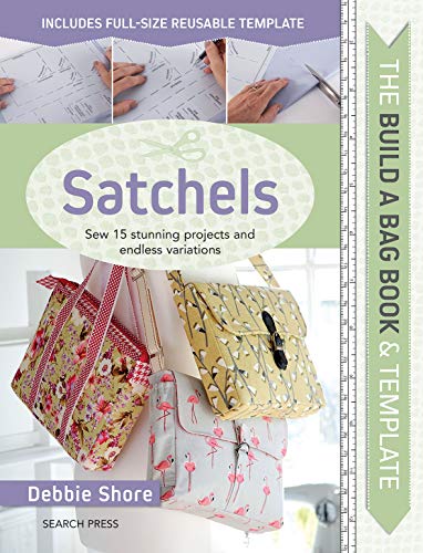 Book with satchel sewing projects, colorful bags, and fabric patterns on its cover.