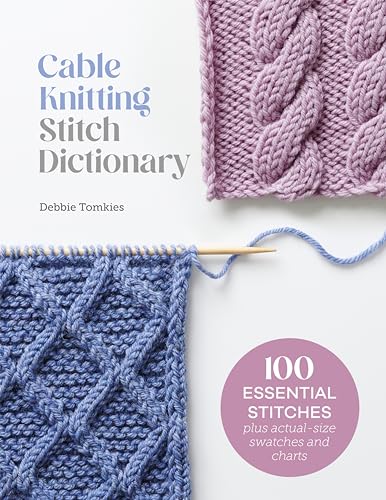 Knitting stitch dictionary with cable knit swatches in purple and blue.