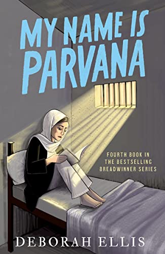 A girl in a headscarf sits on a bed reading in a prison cell.