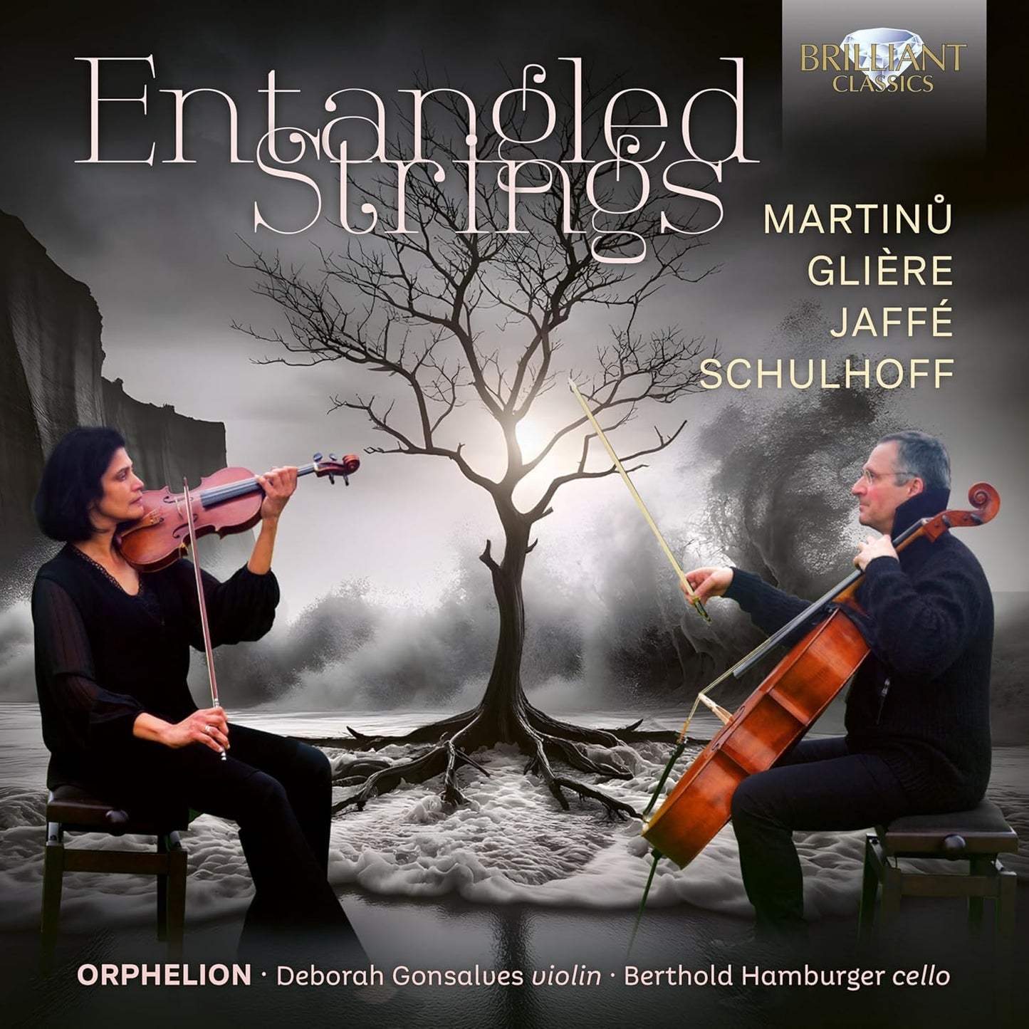 CD cover showing a violinist and cellist playing beside a leafless tree.
