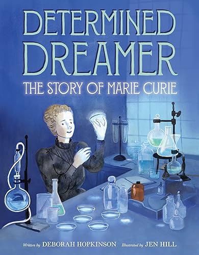 Book cover depicting Marie Curie in a laboratory with glowing vials.