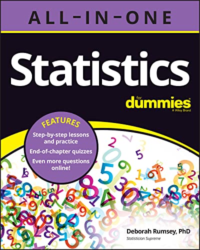 Book cover: "Statistics All-in-One For Dummies" with numbers and formulas.