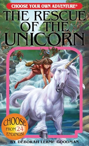 Book cover: girl and unicorn amidst a fantasy landscape, choose-your-own-adventure.