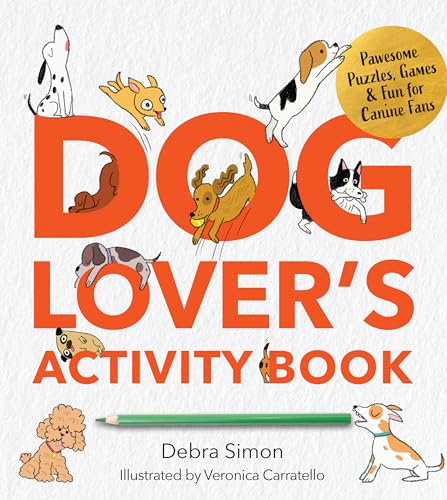 Book cover with colorful illustrations of various dog breeds and the title “Dog Lover’s Activity Book”.