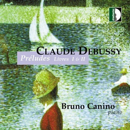 CD cover: painting of sailboats and figures by water, text “Debussy/Canino”.