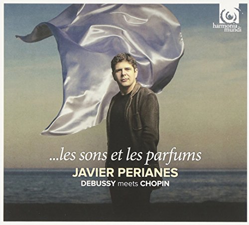 CD cover: pianist Javier Perianes with flowing fabric, ocean backdrop.