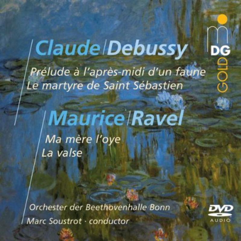 CD cover for Debussy and Ravel orchestral works, water lily painting.