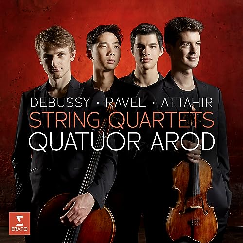 Four young men with string instruments, album cover for string quartets.