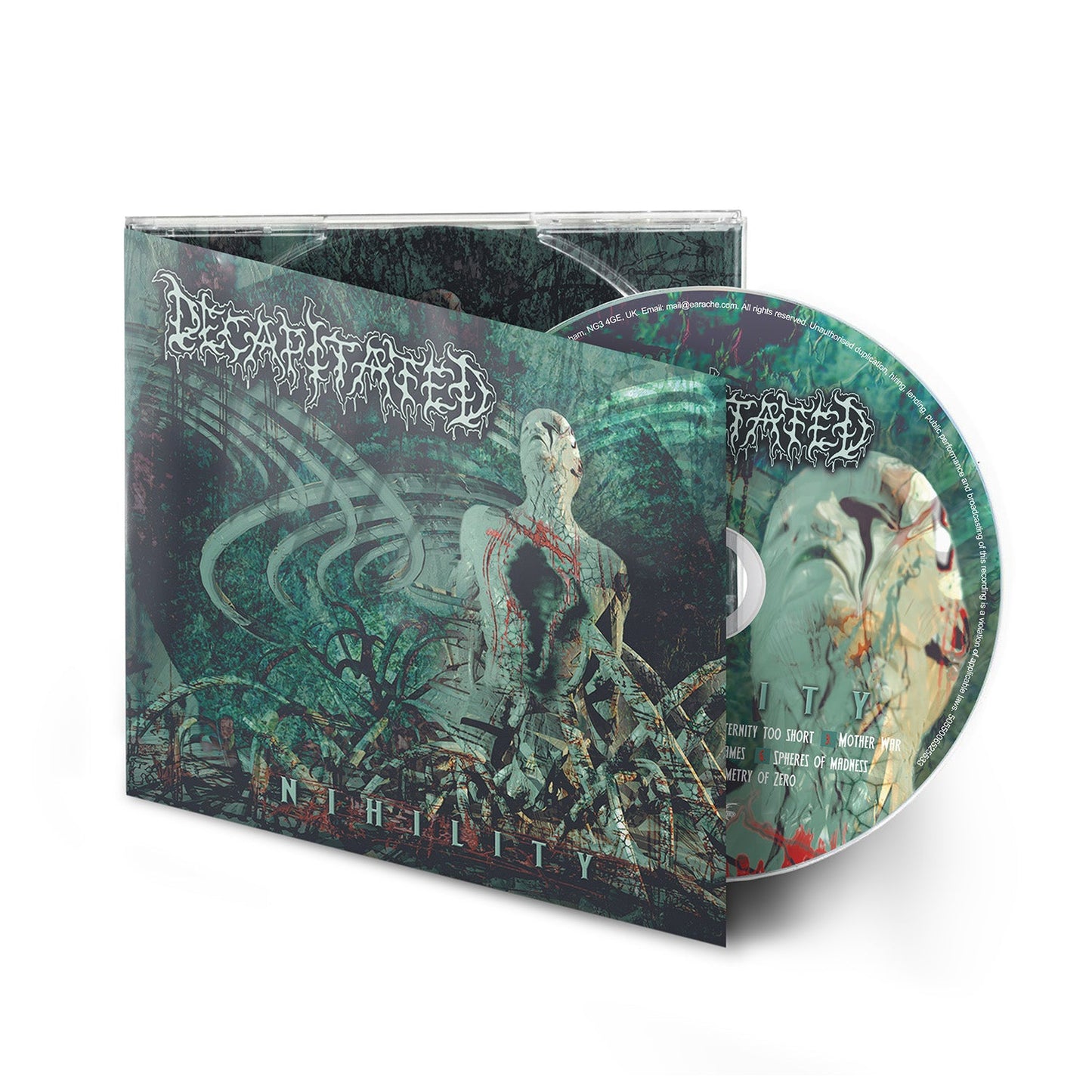 Decapitated “Nihility” CD in jewel case, dark artwork, silver disc visible.