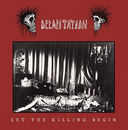 Record album cover with skulls, dark imagery, and a disturbing scene.