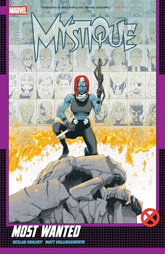 Mystique, a blue mutant, kneels with weapons amid flames and faces.