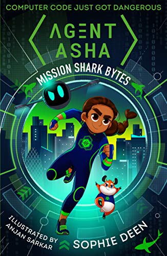Book cover featuring a girl in a spy suit, a small robot, and city background.