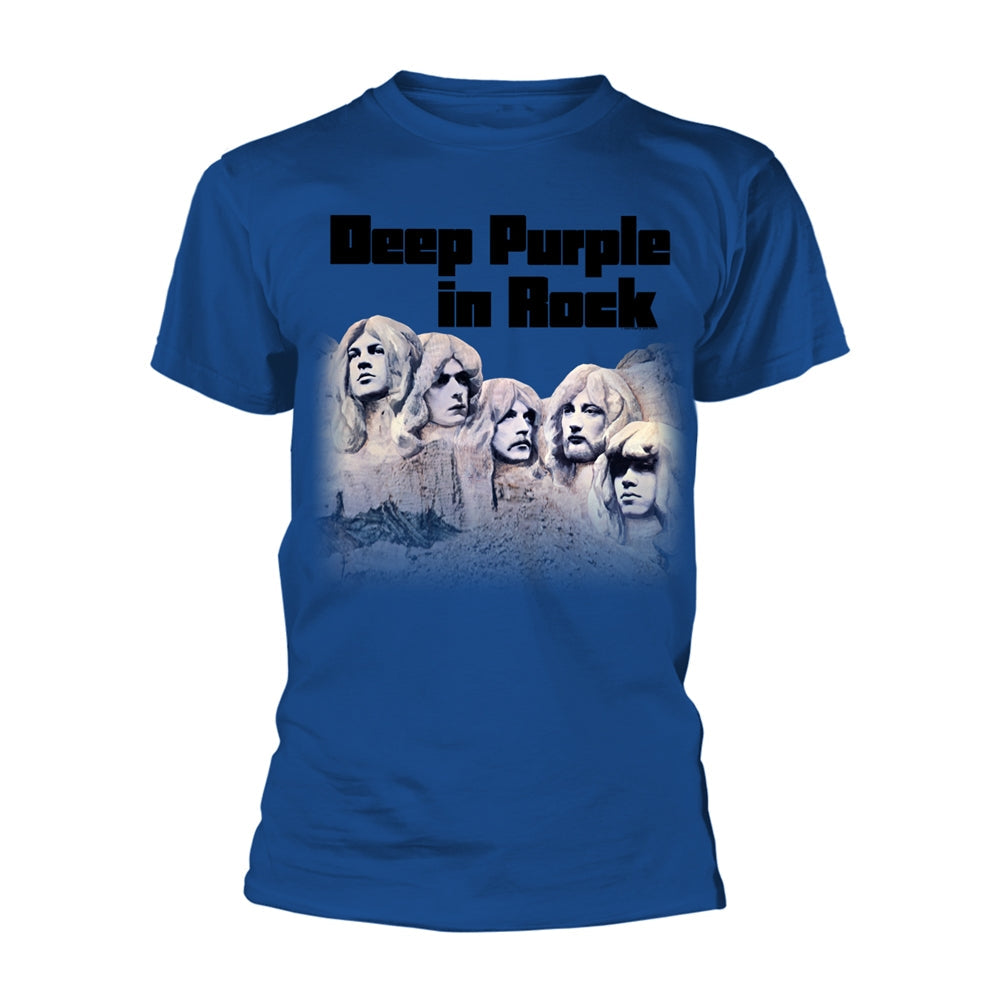 Blue t-shirt with "Deep Purple - In Rock" album artwork print.