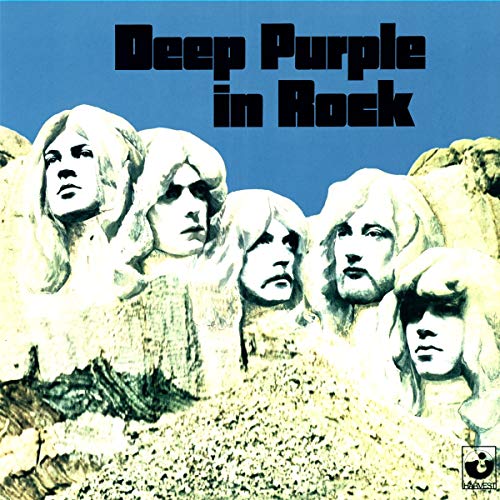 Deep Purple album cover featuring Mount Rushmore with band members' faces, blue background, black title text.