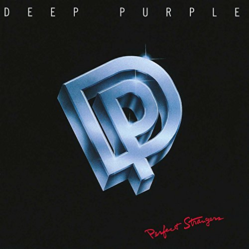 Deep Purple Perfect Strangers album cover with a metallic DP logo on black background.