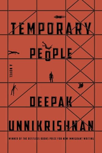 Book cover with orange background, black grid lines, and small silhouettes of falling people.