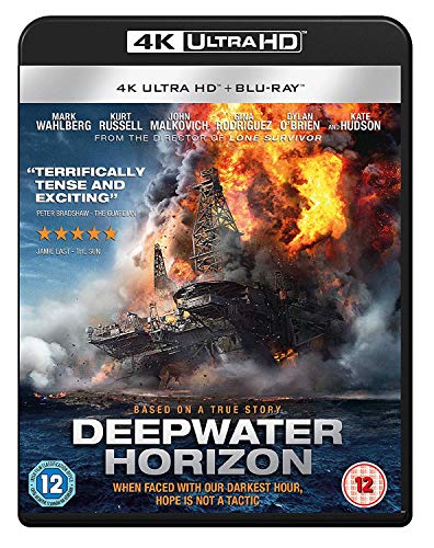 Blu-ray cover for "Deepwater Horizon" showing a burning oil rig at sea.