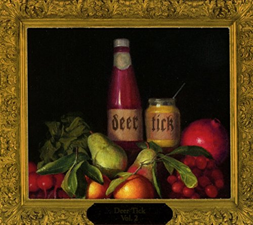 Still life painting of fruit, jars labeled "Deer Tick", and foliage.