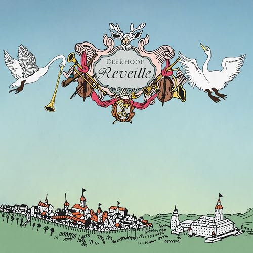 Album cover for Deerhoof’s “Reveille” featuring swans, instruments, and a town.