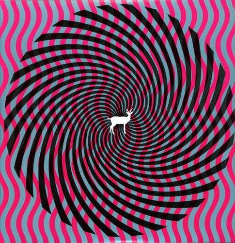 White deer silhouette in a swirling black spiral on a pink and grey striped background.