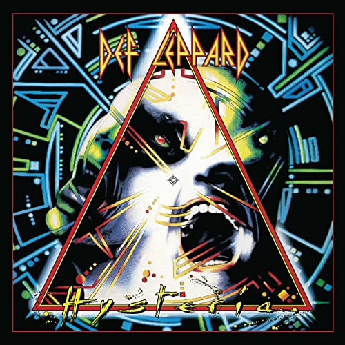Def Leppard "Hysteria" album cover: screaming face within a neon triangle.