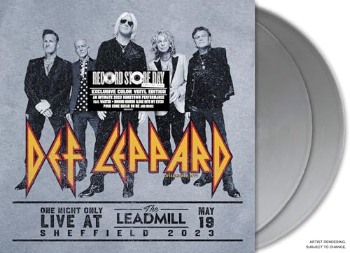 Def Leppard band members on album cover with vinyl record shown.