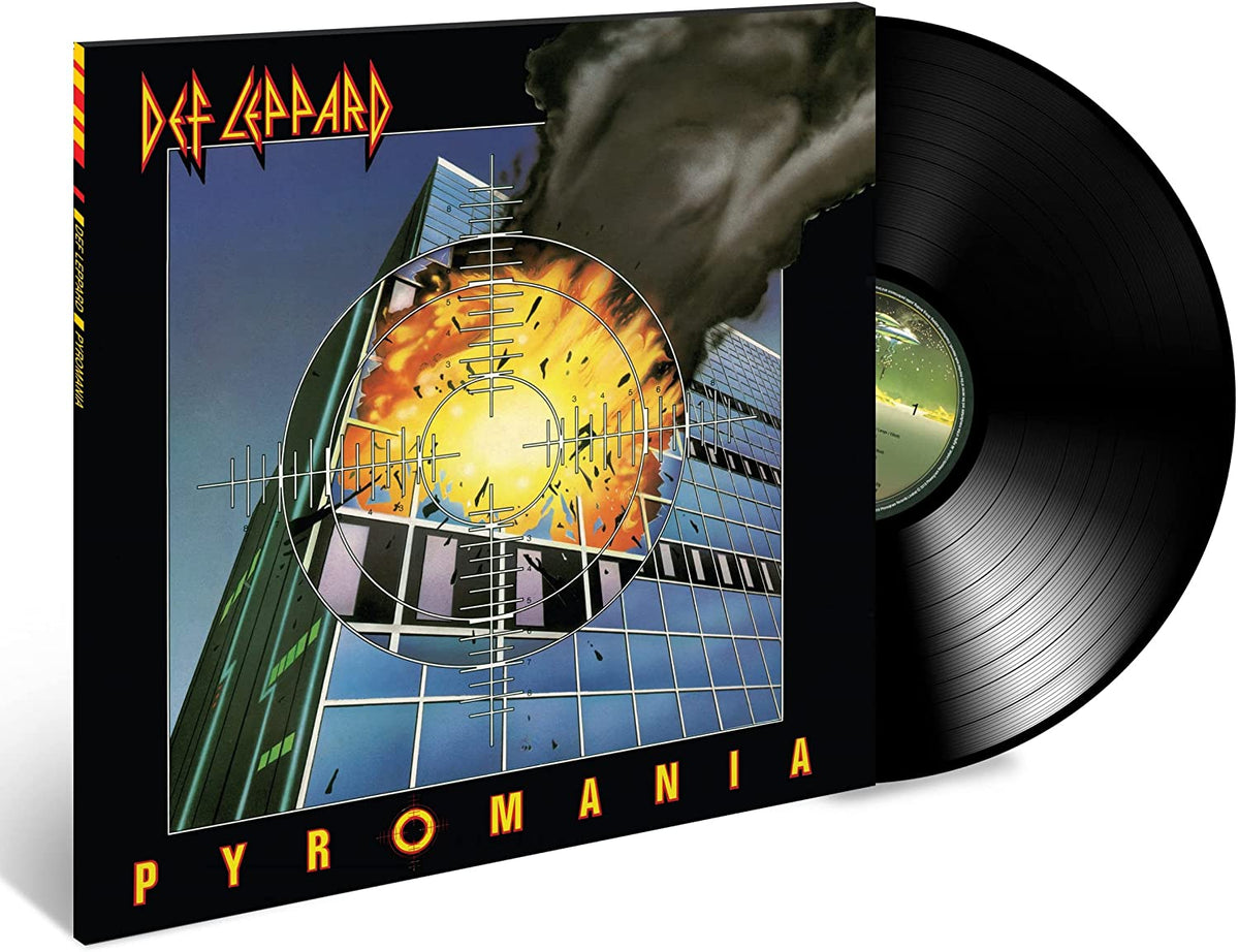 Def Leppard’s “Pyromania” album cover: fiery explosion within a crosshair graphic.
