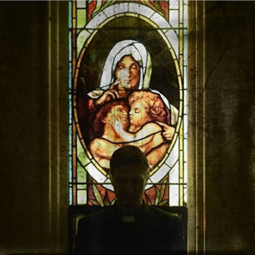 Stained-glass image of a woman and children, with a figure below.