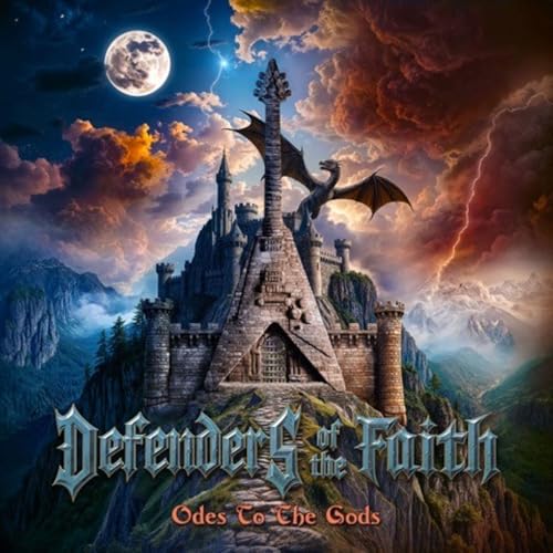 Fantasy castle with a dragon under a stormy sky, album cover art.