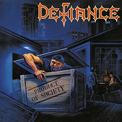 Album cover for Defiance’s “Product Of Society” featuring a man emerging from a crate.