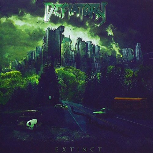 Defiatory “Extinct” album cover: ruined cityscape overgrown with vegetation.